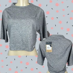The North Face L Logo Heather Gray High Neckline Wicking Half Sleeve Crop Top